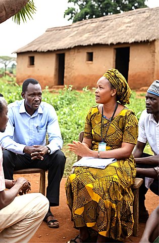 An African healthcare worker educating villagers about health issues in a rural community setting.