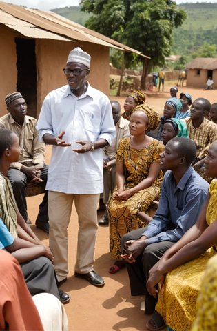 African community leaders and consultant discussing strategies for local development.