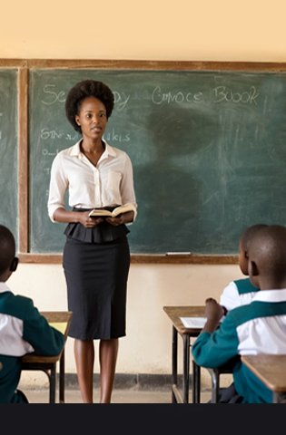 African woman teaching children in a classroom, promoting education and skill development.