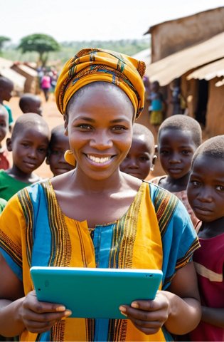 African woman with children holding a tablet in a rural market setting.