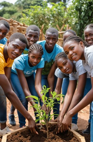 African young men and women working together on a community project to build unity and resilience