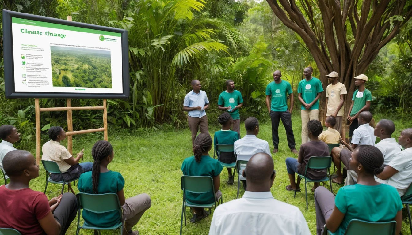 Community members learning about climate change and conservation in an outdoor session