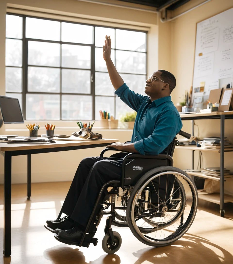 A happy person with a disability confidently working in his office, symbolizing empowerment and inclusivity.