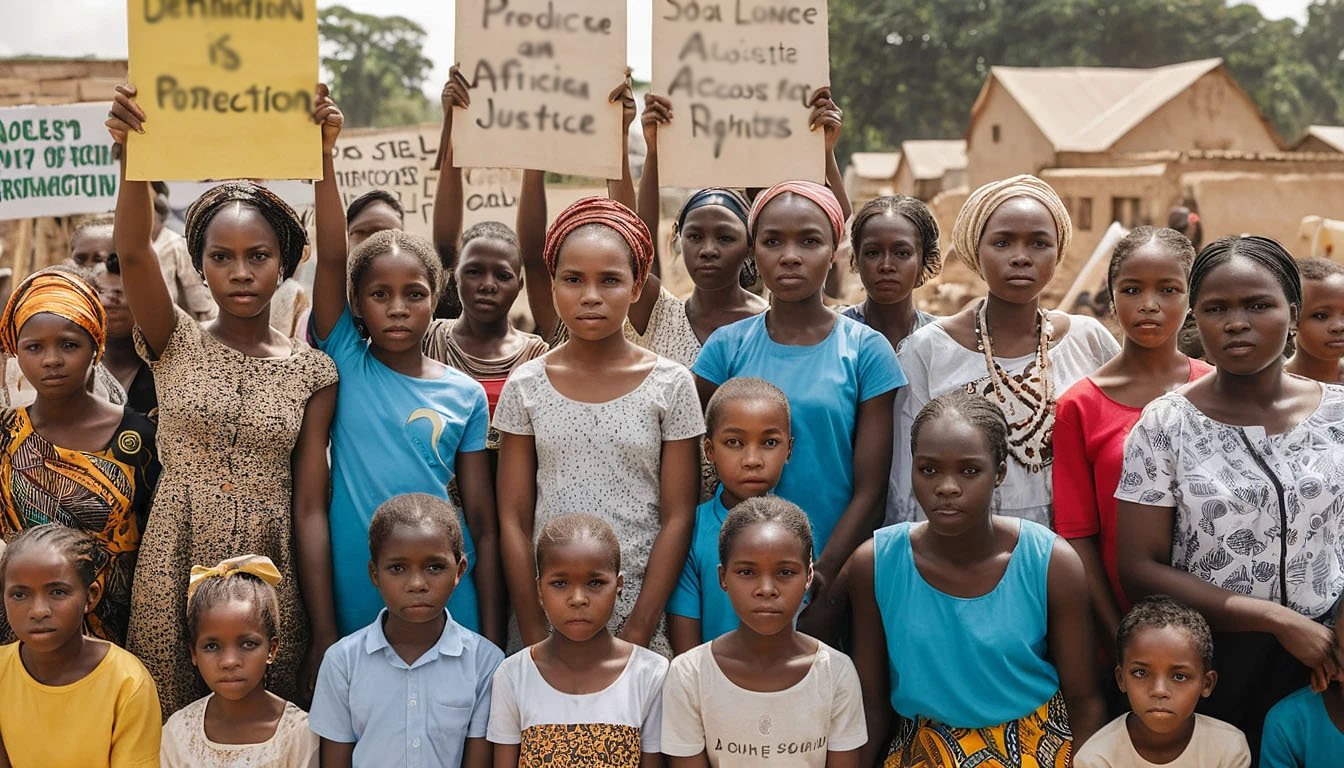 Community members, including women, children, and youth, advocating for rights and protection