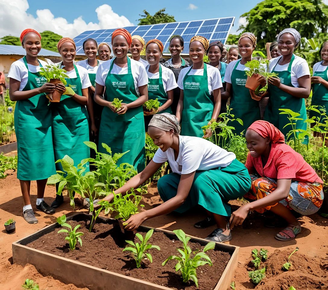 Tanzanian women planting seedlings in a community garden and solar panels in the background