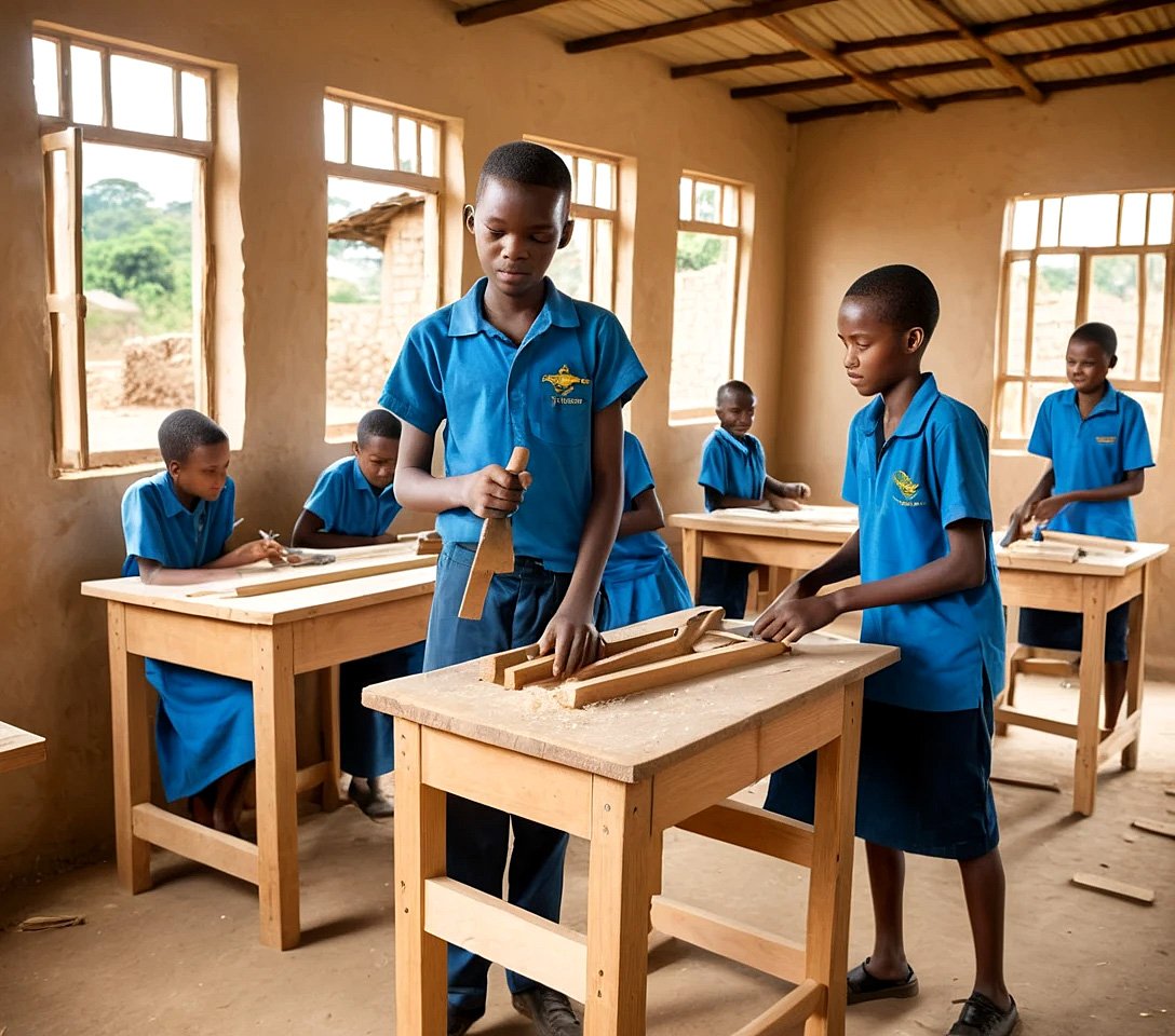 Teenagers in Tanzania learning carpentry in a community workshop with mentors